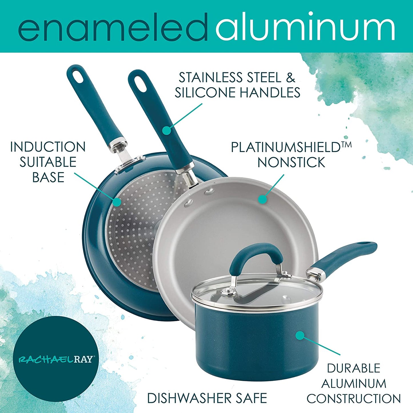 Rachael Ray 13 piece teal shimmer cookware pots and pans set