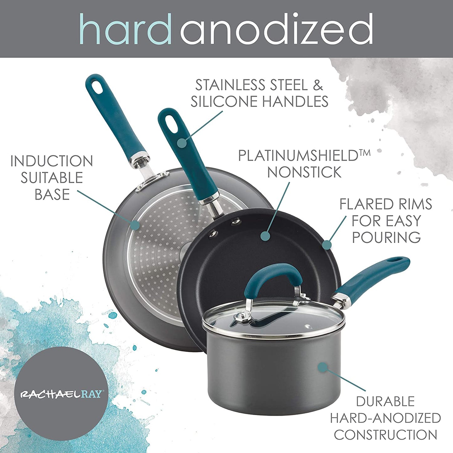 Rachael Ray Nonstick Cookware Pots and Pans Set, 11 Piece, Gray with Teal Handles