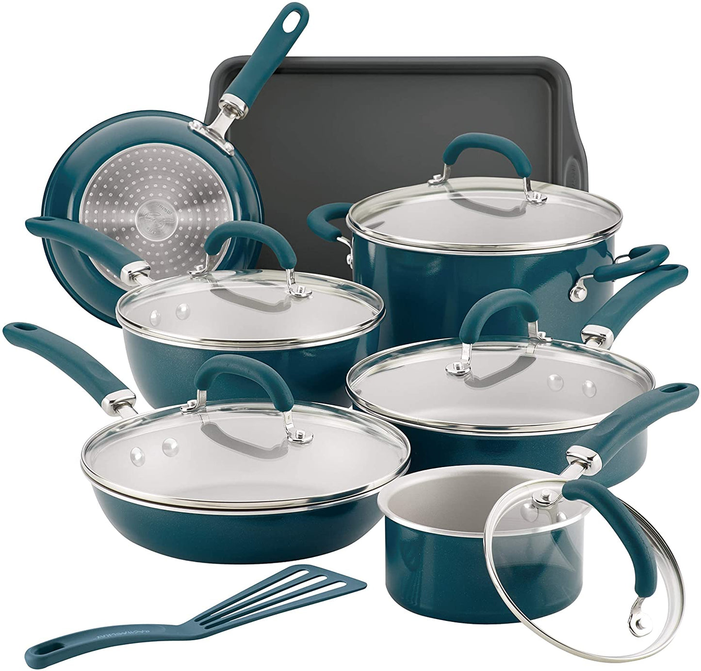 Rachael Ray 13 piece teal shimmer cookware pots and pans set