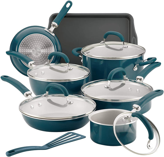 Rachael Ray 13 piece teal shimmer cookware pots and pans set